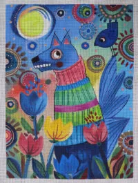 Dog and Bird in Blue Garden